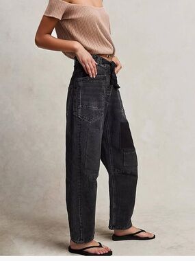Buxitt Barrel Baggy Washed Black Denim Patchwork Jeans Drawstring Waist
